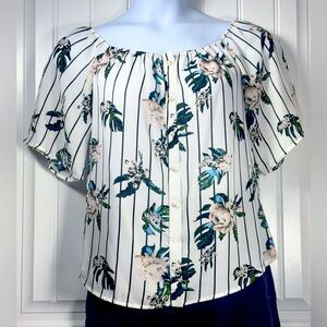 Daytrip Women's Size M White Striped Floral Off Shoulder Blouse Button Front